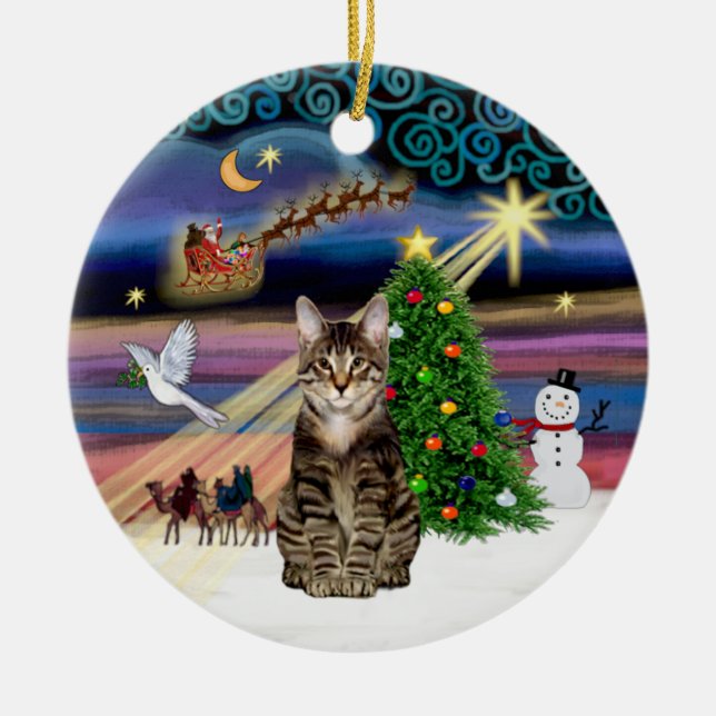 Xmas Magic - randig tigerkatt Julgransprydnad Keramik (Framsidan)