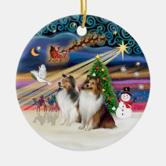 Xmas Magic - Shelties (TVÅ sable-vita) Julgransprydnad Keramik (Framsidan)