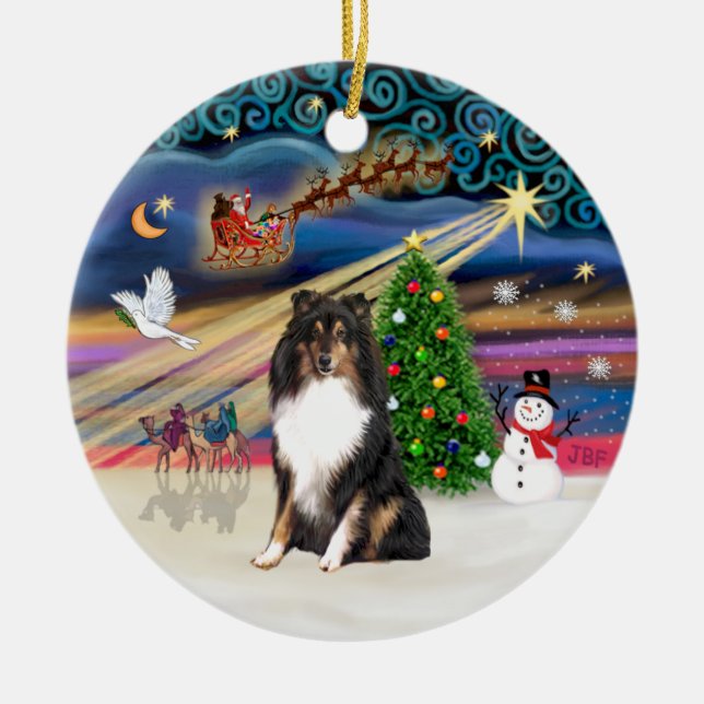 Xmas Magic - Shetland Sheepdog (tri) Julgransprydnad Keramik (Framsidan)