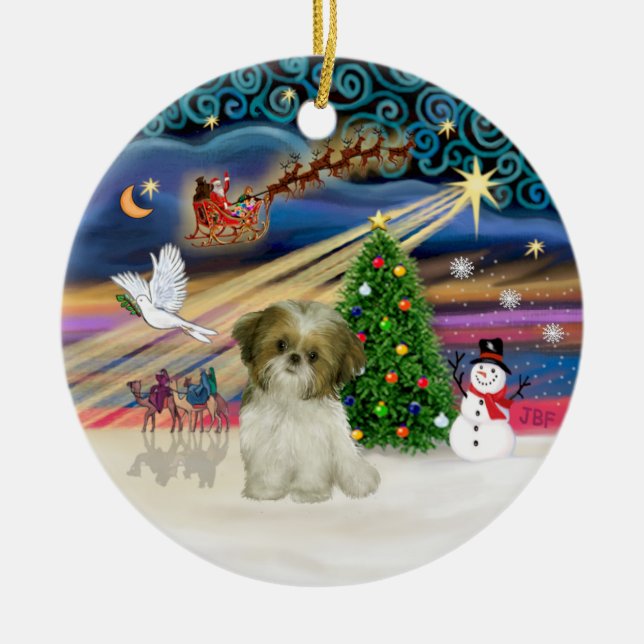 Xmas Magic - Shih Tzu-valp (brun-vit) Julgransprydnad Keramik (Framsidan)