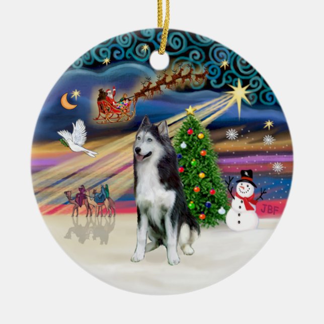 Xmas Magic - Siberian Husky 2 Julgransprydnad Keramik (Framsidan)