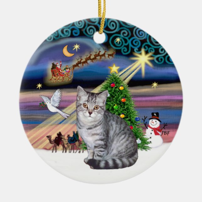 Xmas Magic - Silver Tabby katt Julgransprydnad Keramik (Framsidan)