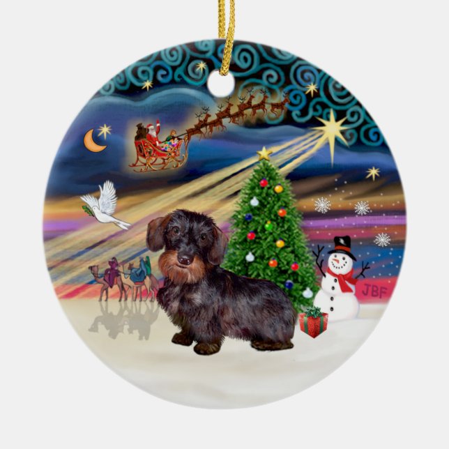 Xmas Magic - Strävhårig Dachshund Julgransprydnad Keramik (Framsidan)