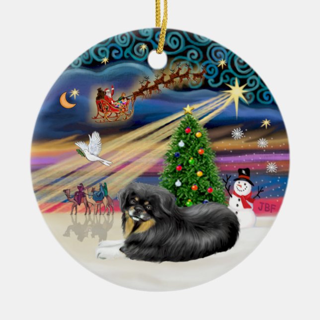 Xmas Magic - Tibetansk Spaniel (svart-brun) Julgransprydnad Keramik (Framsidan)