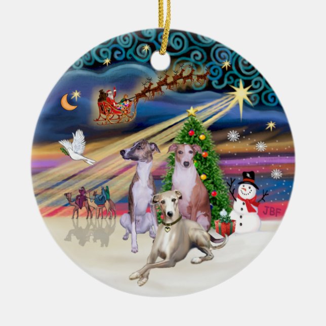 Xmas Magic - Tre Whippets Julgransprydnad Keramik (Framsidan)
