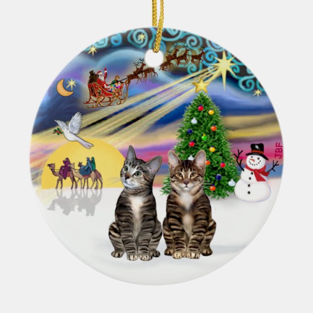 Xmas Magic - Två brunbruniga katter Julgransprydnad Keramik (Framsidan)