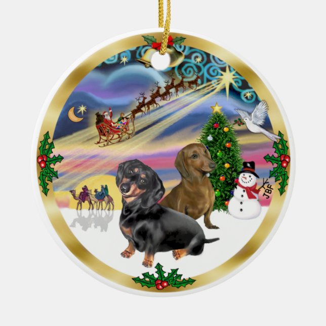 Xmas Magic - Två Dachshundar (sv+rd) Julgransprydnad Keramik (Framsidan)