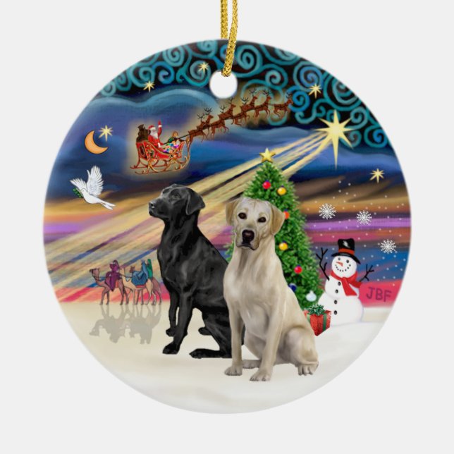 Xmas Magic - Två Labradorer (Svart + Gul) Julgransprydnad Keramik (Framsidan)
