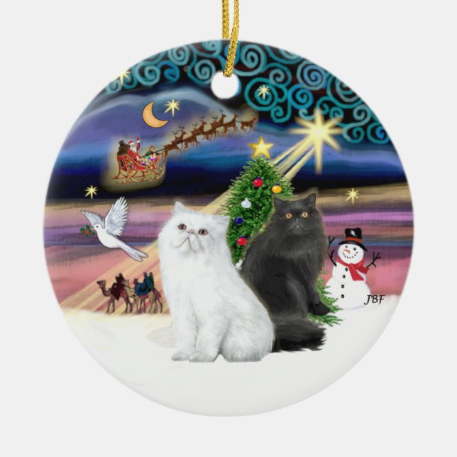 Xmas Magic - Två perserkatter (vit + svart) Julgransprydnad Keramik (Framsidan)