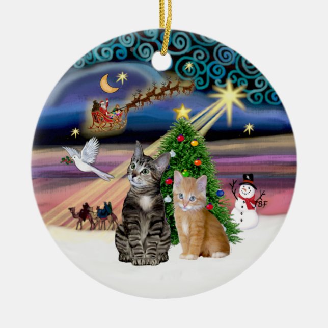 Xmas Magic - Två randiga katter (#2) Julgransprydnad Keramik (Framsidan)
