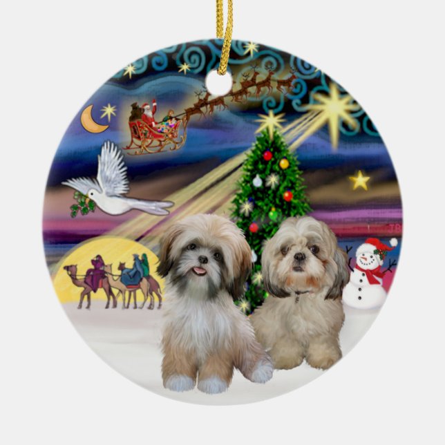 Xmas Magic - Två Shih Tzu (P2+Y) Julgransprydnad Keramik (Framsidan)