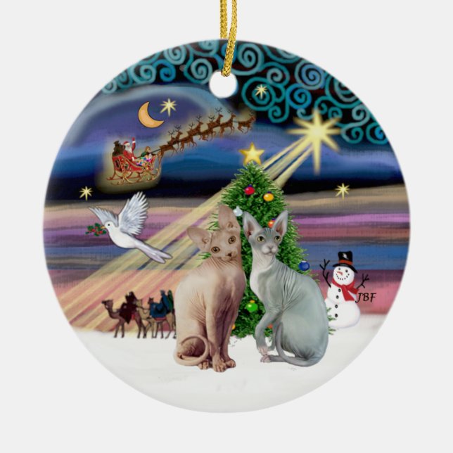 Xmas Magic - Två Sphynx katter Julgransprydnad Keramik (Framsidan)