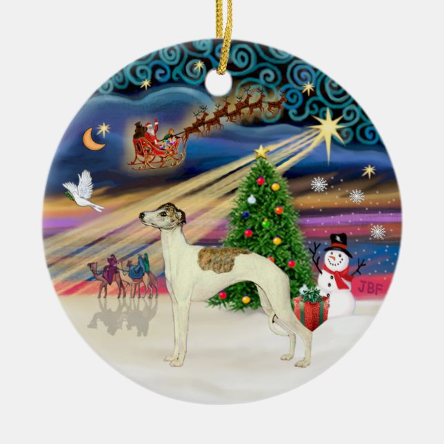 Xmas Magic - Whippet 3 (kräm-brindle) Julgransprydnad Keramik (Framsidan)