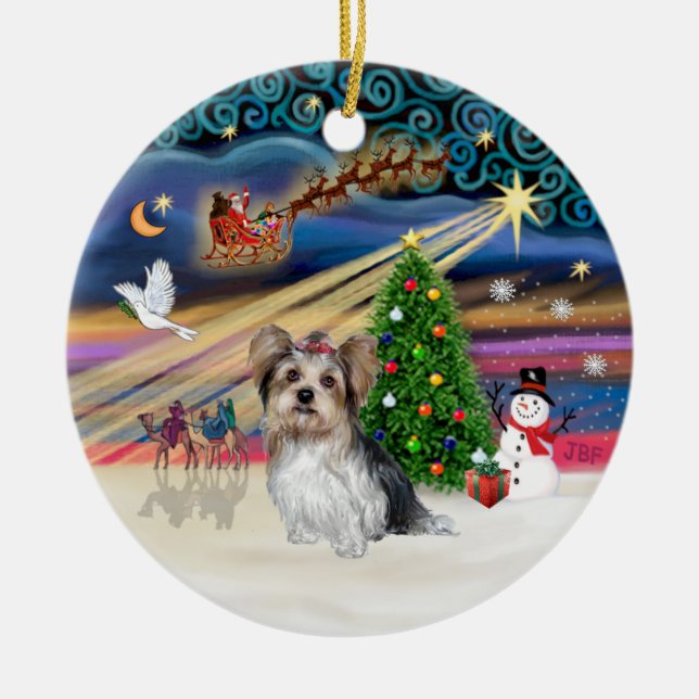 Xmas Magic - Yorkie (Biewer) Julgransprydnad Keramik (Framsidan)