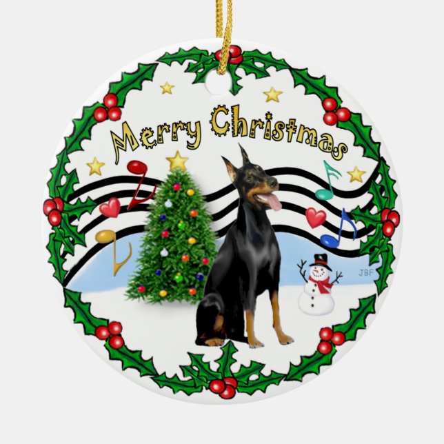 Xmas Music 1 - Dobermannpinscher 1 Julgransprydnad Keramik (Framsidan)