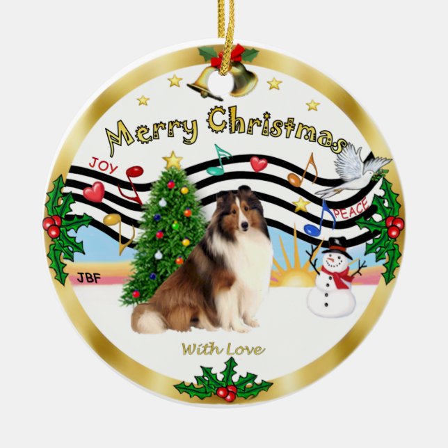 Xmas Music 1 - Shetland Sheepdog #7 Julgransprydnad Keramik (Framsidan)