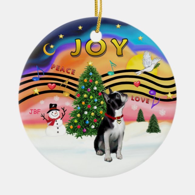 Xmas Music 2 - Boston Terrier Julgransprydnad Keramik (Framsidan)