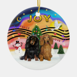 Xmas Musik 2 - Dachshund (två långhåriga) Julgransprydnad Keramik