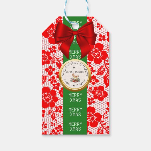 XMAS Red LACE Editable Christmas Gift Bag  Presentetikett (Framsidan)