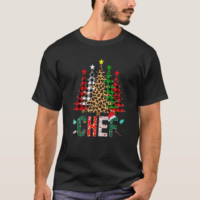 Xmas Santa Chef Leopard Plaid Print Christmas Tree T Shirt (Framsida)
