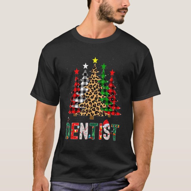 Xmas Santa Dentist Leopard Plaid Print Christmas T T Shirt (Framsida)