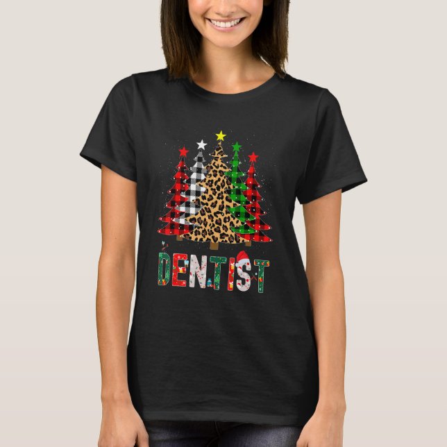 Xmas Santa Dentist Leopard Plaid Print Christmas T T Shirt (Framsida)