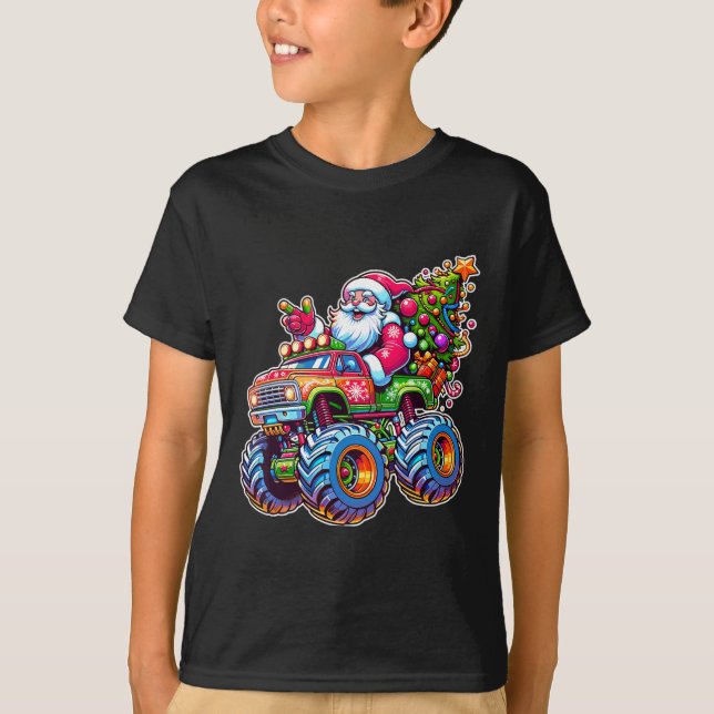 Xmas Santa Riding Funny Christmas Monster Truck Bo T Shirt (Framsida)
