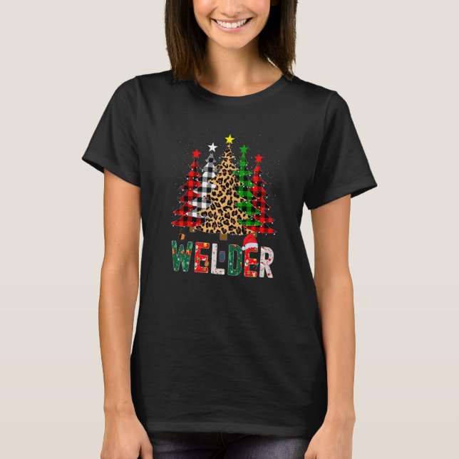 Xmas Santa Welder Leopard Plaid Print Christmas Tr T Shirt (Framsida)