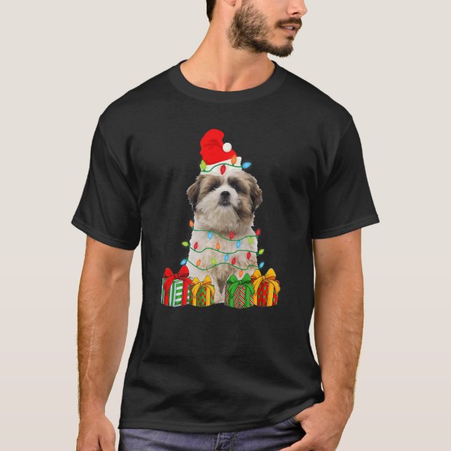 Xmas Shih Tzu Dog Christmas Lights Puppy T Shirt (Framsida)