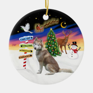 Xmas-skyltar - röd sibirisk husky julgransprydnad keramik