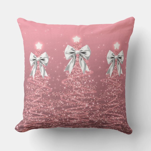 Xmas Sparkling Trees Blush Pink Faux White Bow  Kudde (Framsida)