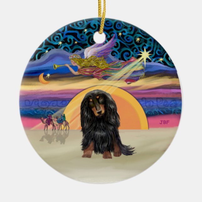 Xmas Star - Långhårig Dachshund (BT) Julgransprydnad Keramik (Framsidan)