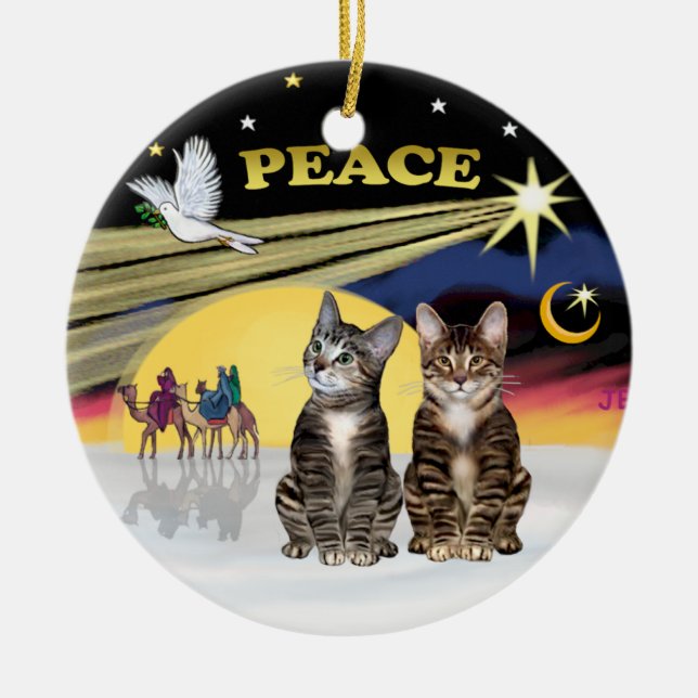 Xmas Star -Två randiga katter (AmSH) Julgransprydnad Keramik (Framsidan)