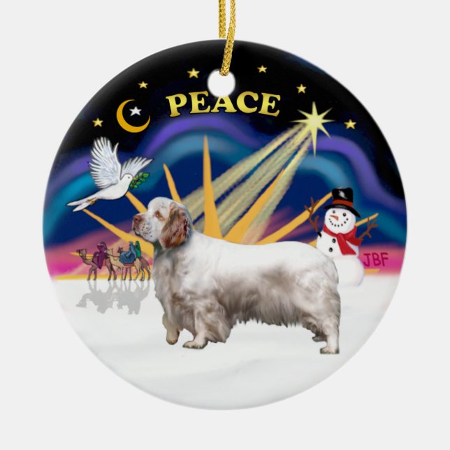 Xmas Sunrise - Clumber Spaniel Julgransprydnad Keramik (Framsidan)