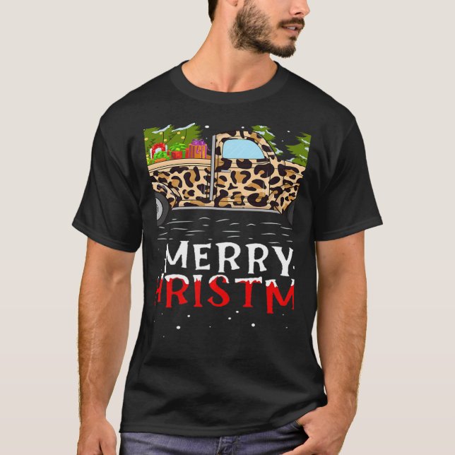 Xmas Tree Leopard Plaid Truck Merry Christmas   T Shirt (Framsida)