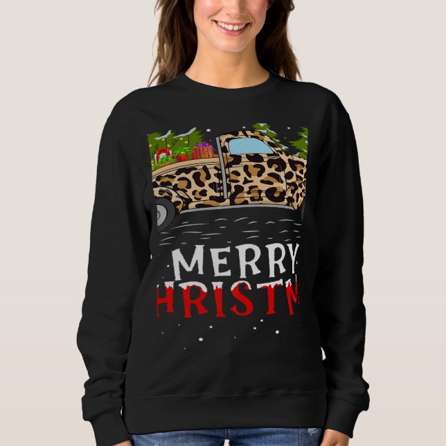 Xmas Tree Leopard Plaid Truck Merry Christmas   T Shirt (Framsida)