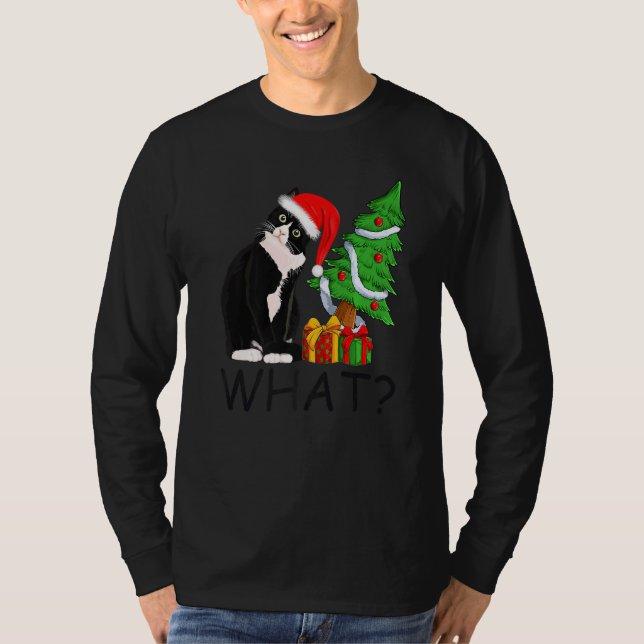 Xmas Tree Lighting Santa Black Cat Christmas T Shirt (Framsida)