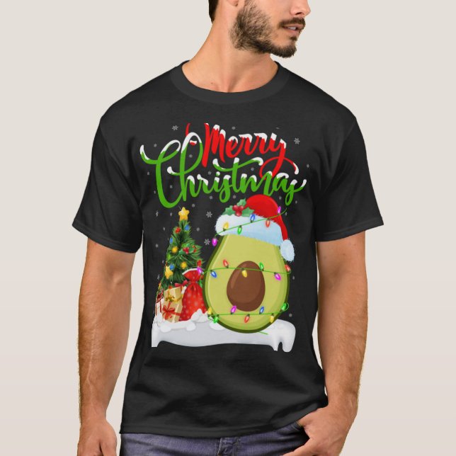Xmas Tree Lights Santa Hat Avocado Fruit Christmas T Shirt (Framsida)