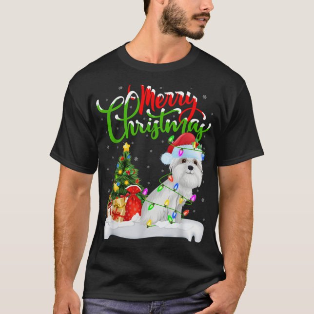 Xmas Tree Lights Santa Hat Maltese Dog Christmas T T Shirt (Framsida)