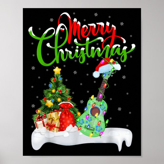Xmas Tree Lights Santa Hat Musical Ukulele Guitar  Poster (Framsidan)