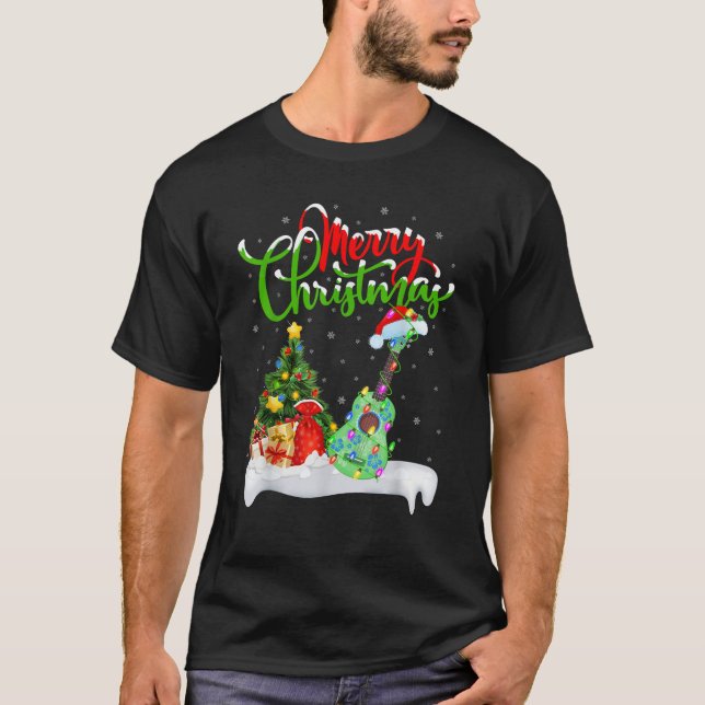 Xmas Tree Lights Santa Hat Musical Ukulele Guitar  T Shirt (Framsida)