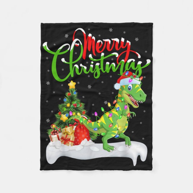 Xmas Tree Lights Santa Hat T Rex Dinosaur Christma Fleecefilt (Framsidan)