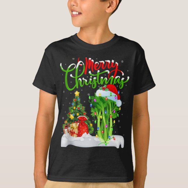 Xmas Tree Lights Santa Hat Vegetable Celery Christ T Shirt (Framsida)