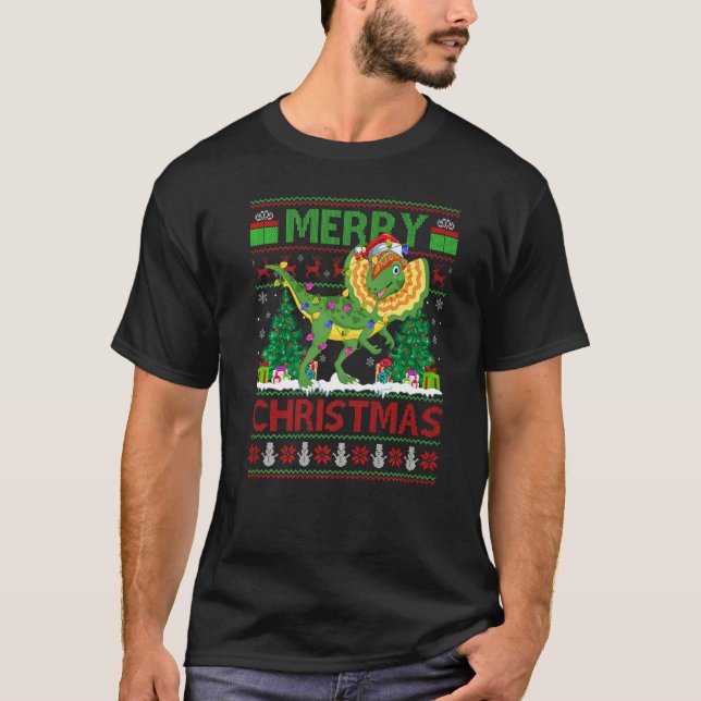 Xmas Tree Lights Ugly Santa Dilophosaurus Dinosaur T Shirt (Framsida)