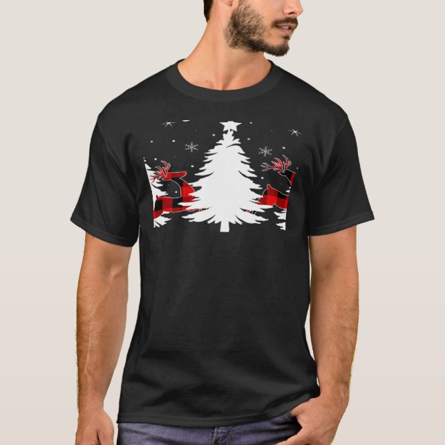 Xmas Tree Red Buffalo Plaid Reindeer Merry Christm T Shirt (Framsida)