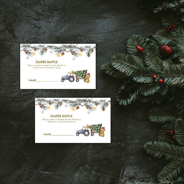 X'mas Tree Tractor Bear Diaper Raffle Baby Shower Tilläggskort (X'mas Tree Tractor Bear Diaper Raffle Baby Shower Enclosure Card)