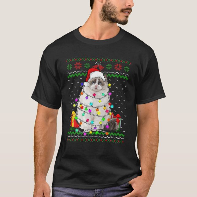 Xmas Ugly Sweater Christmas Lights Cat Kitten Love T Shirt (Framsida)