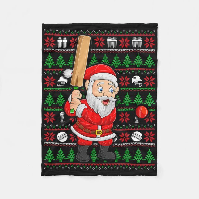 Xmas Ugly Sweater Style Santa Playing Cricket Chri Fleecefilt (Framsidan)