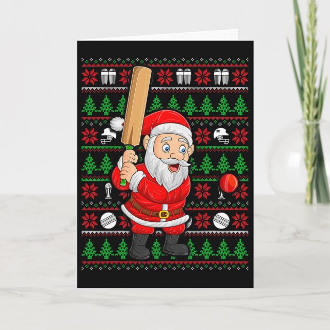 Xmas Ugly Sweater Style Santa Playing Cricket Chri Kort (Framsida)