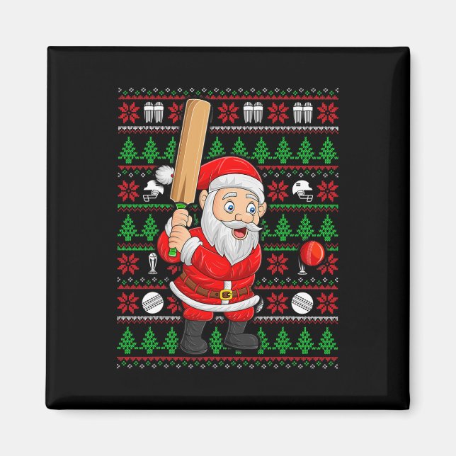 Xmas Ugly Sweater Style Santa Playing Cricket Chri Magnet (Framsidan)